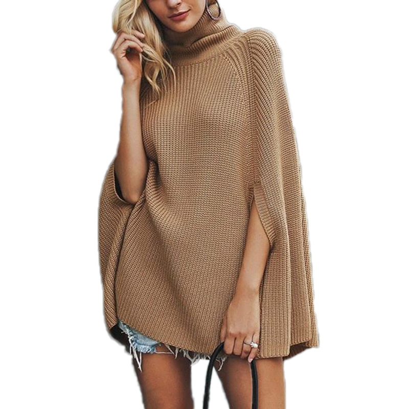 니트 망토 스웨터 풀오버 하이 넥 긴 소매 캐주얼 점퍼 탑스 겉옷 가을 겨울 여성 의류